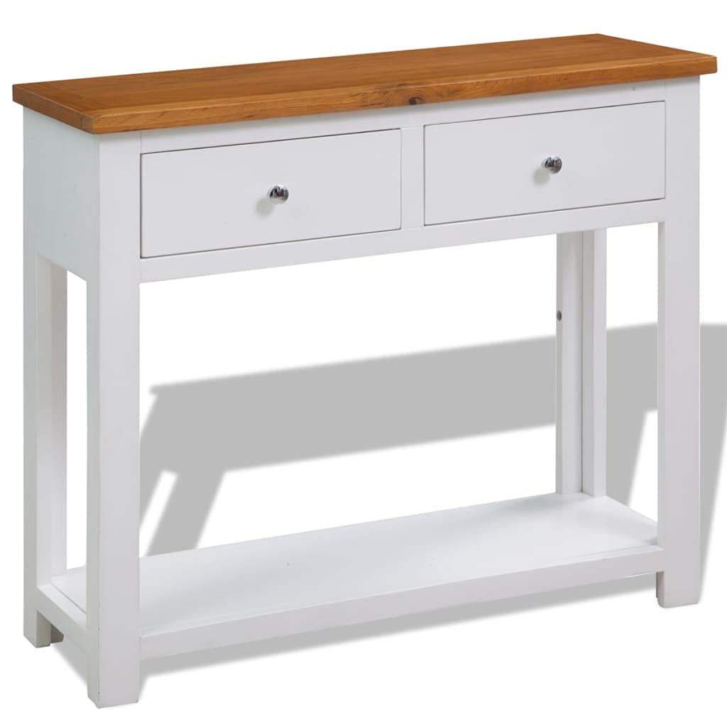 Brown Solid Oak and Acacia Wood Console Table with 2 Drawers and Storage Shelf F6076
