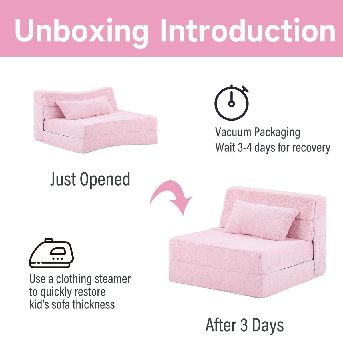 Pink Plush Convertible Folding Kids Sofa Bed with Pillow & Storage Bag S338586