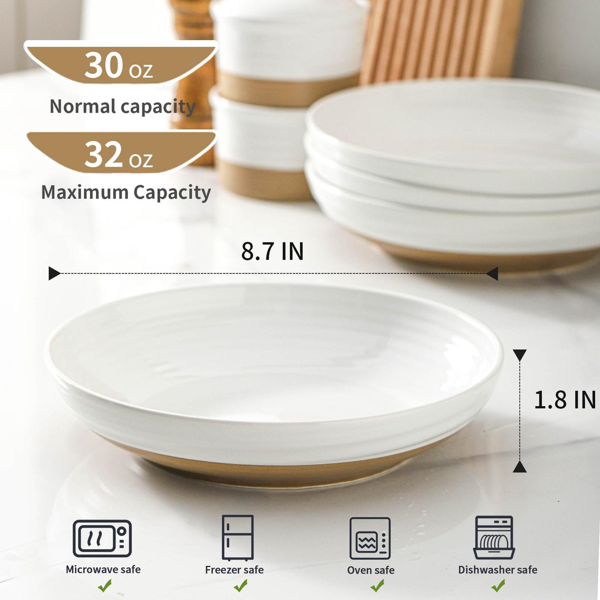 Ceramic Pasta Bowls Set of 4, 8.7 Inch White C694953