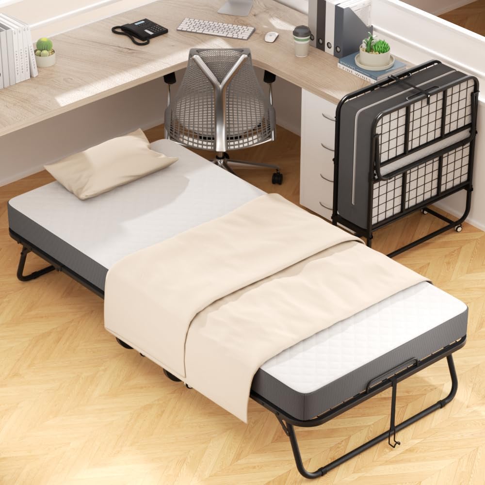 Foldable Single Bed with 5" Memory Foam Mattress and Wheels Q58392