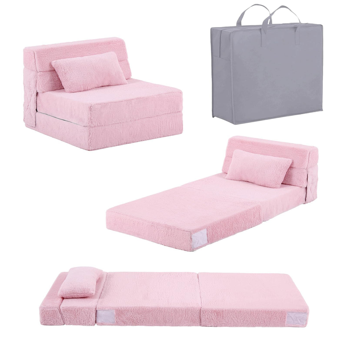 Pink Plush Convertible Folding Kids Sofa Bed with Pillow & Storage Bag S338586