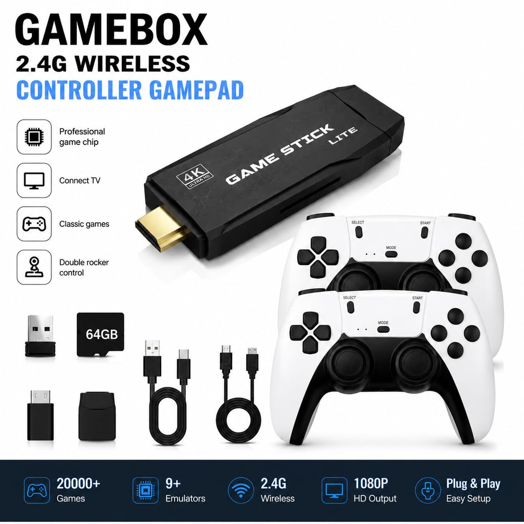 Wireless Retro Game Console 4K HDMI Stick with 2 Wireless Controllers M4128