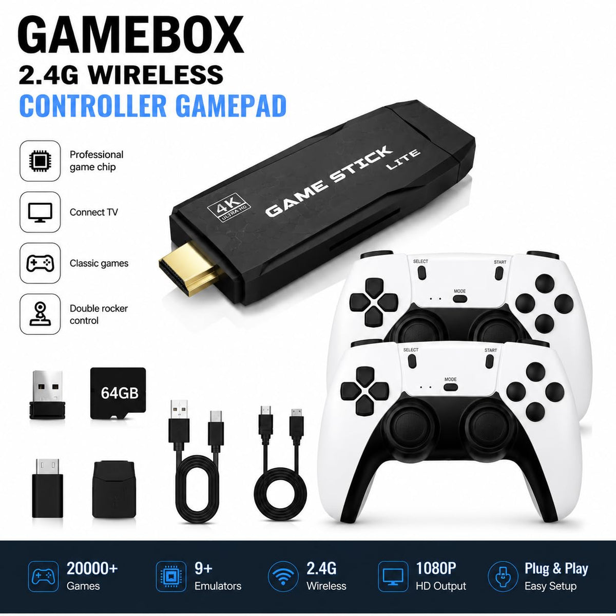 Wireless Retro Game Console 4K HDMI Stick with 2 Wireless Controllers M4128