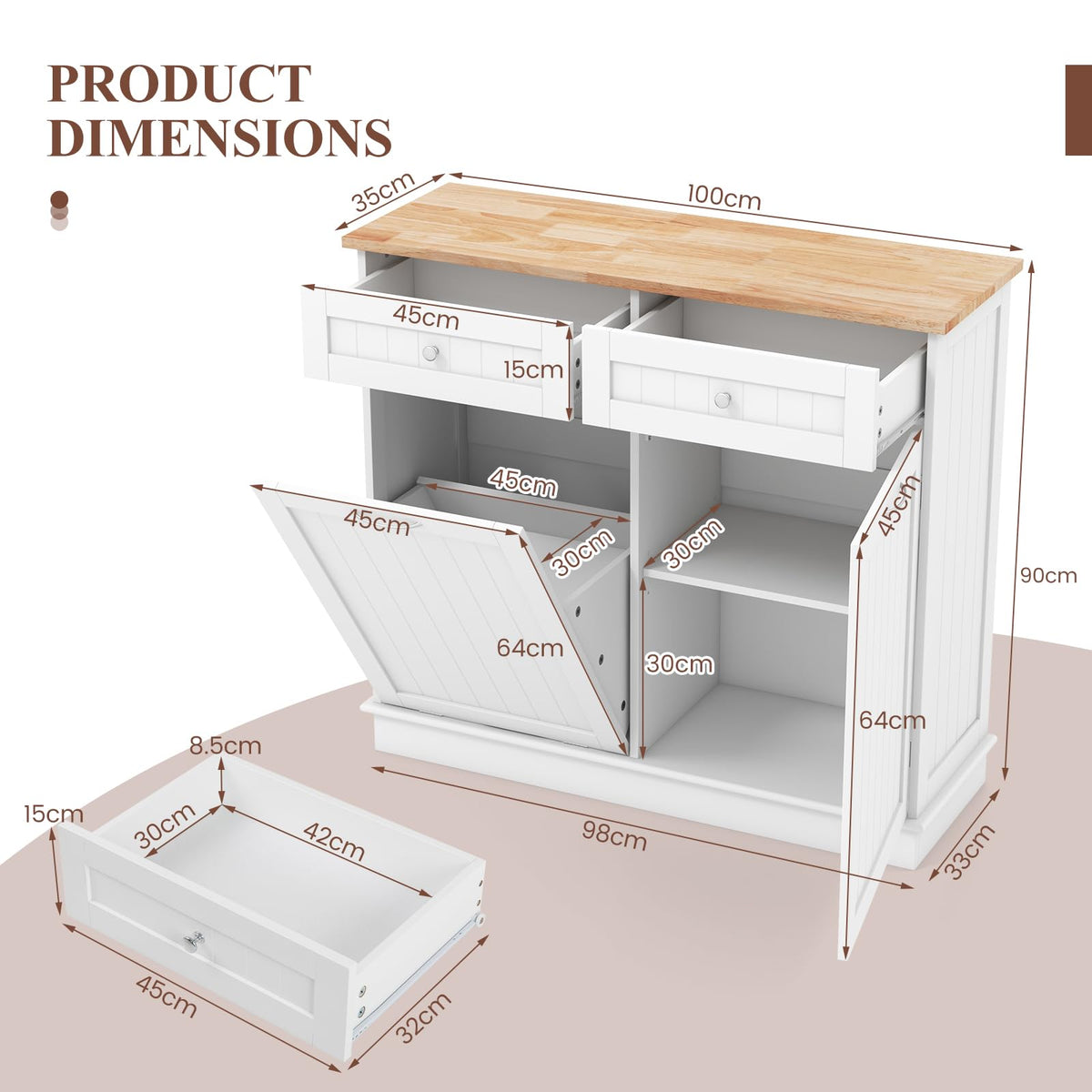 White Wooden Tilt Out Trash Bin Cabinet with Drawers G977