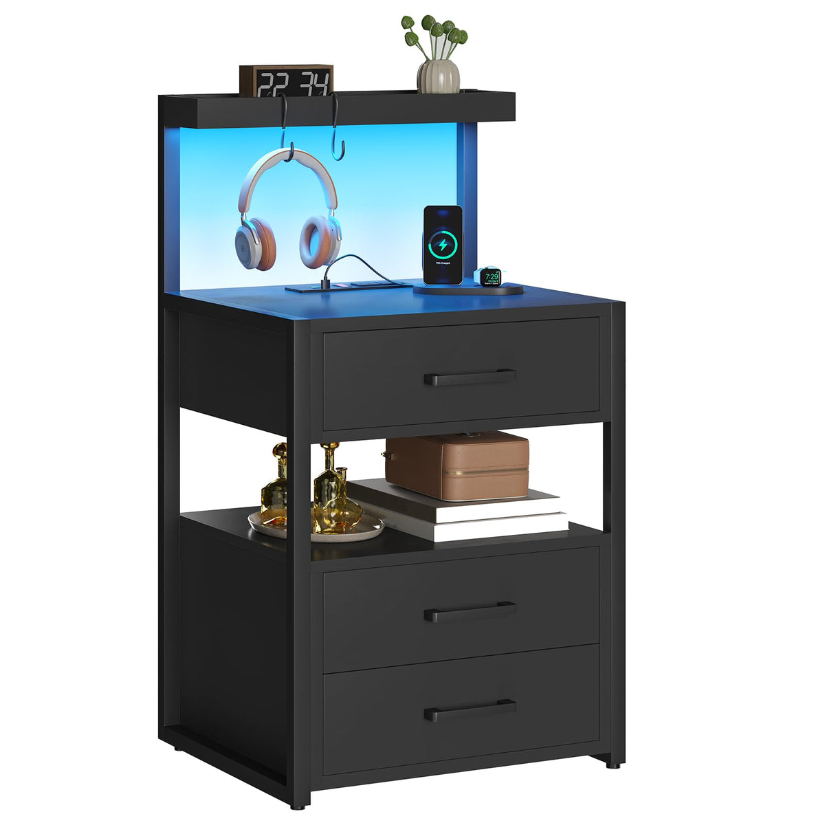 Black 3 Drawer Nightstand with Charging Station Q827253