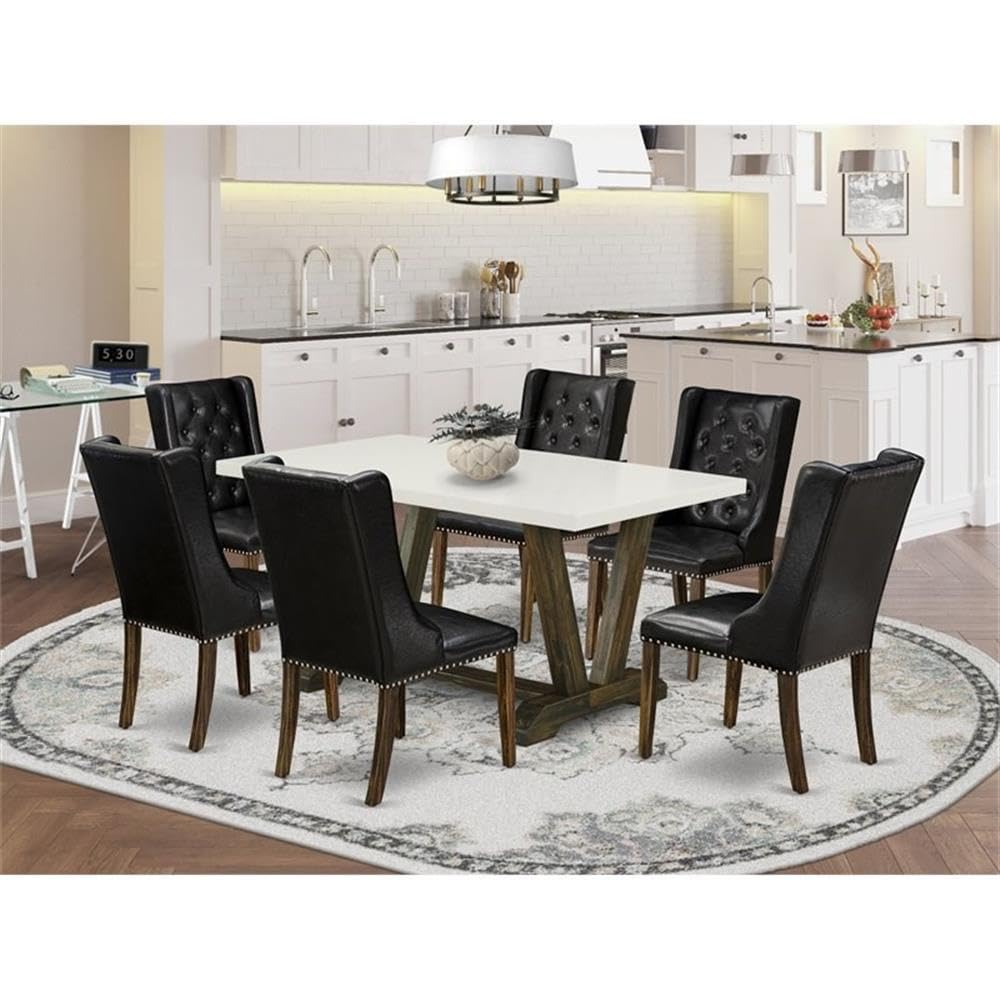 7 Piece Dining Table Set with 6 Black Faux Leather Chairs V94909