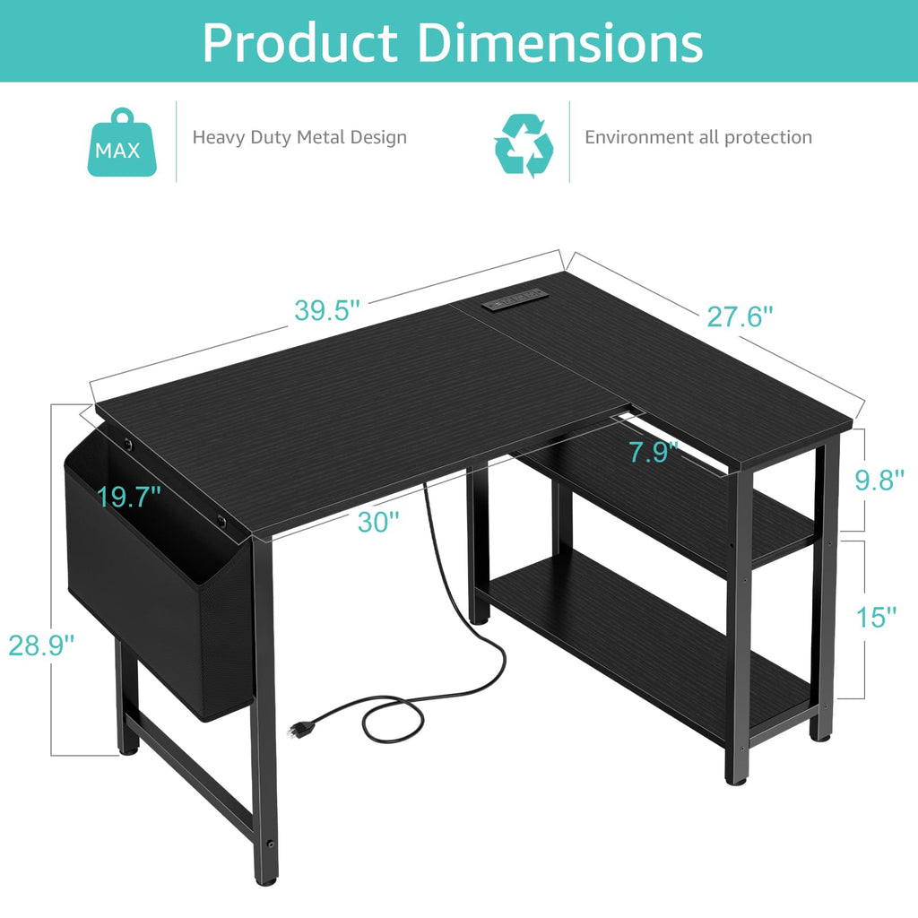 Black 40 Inch L Shaped Corner Computer Desk with Power Outlet V91896