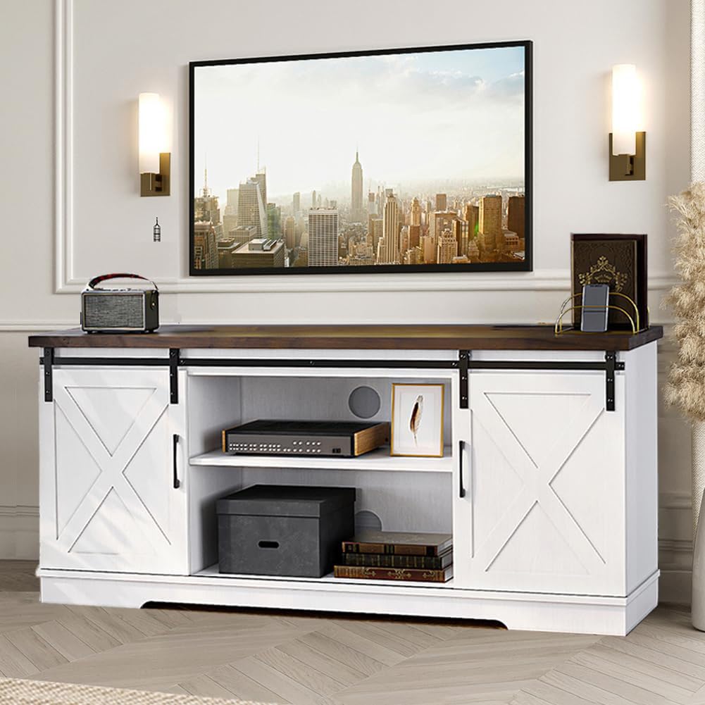 White Farmhouse TV Stand with Sliding Barn Doors and Adjustable Shelf W4573