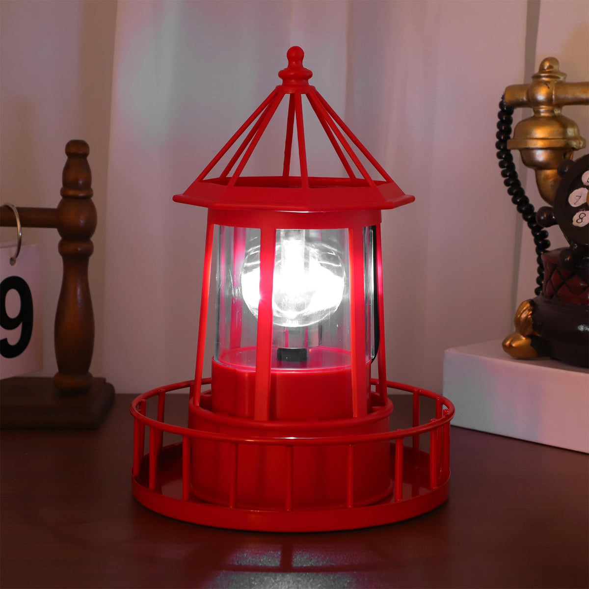 Solar Lighthouse Rotating Beacon Light Red Iron T1364