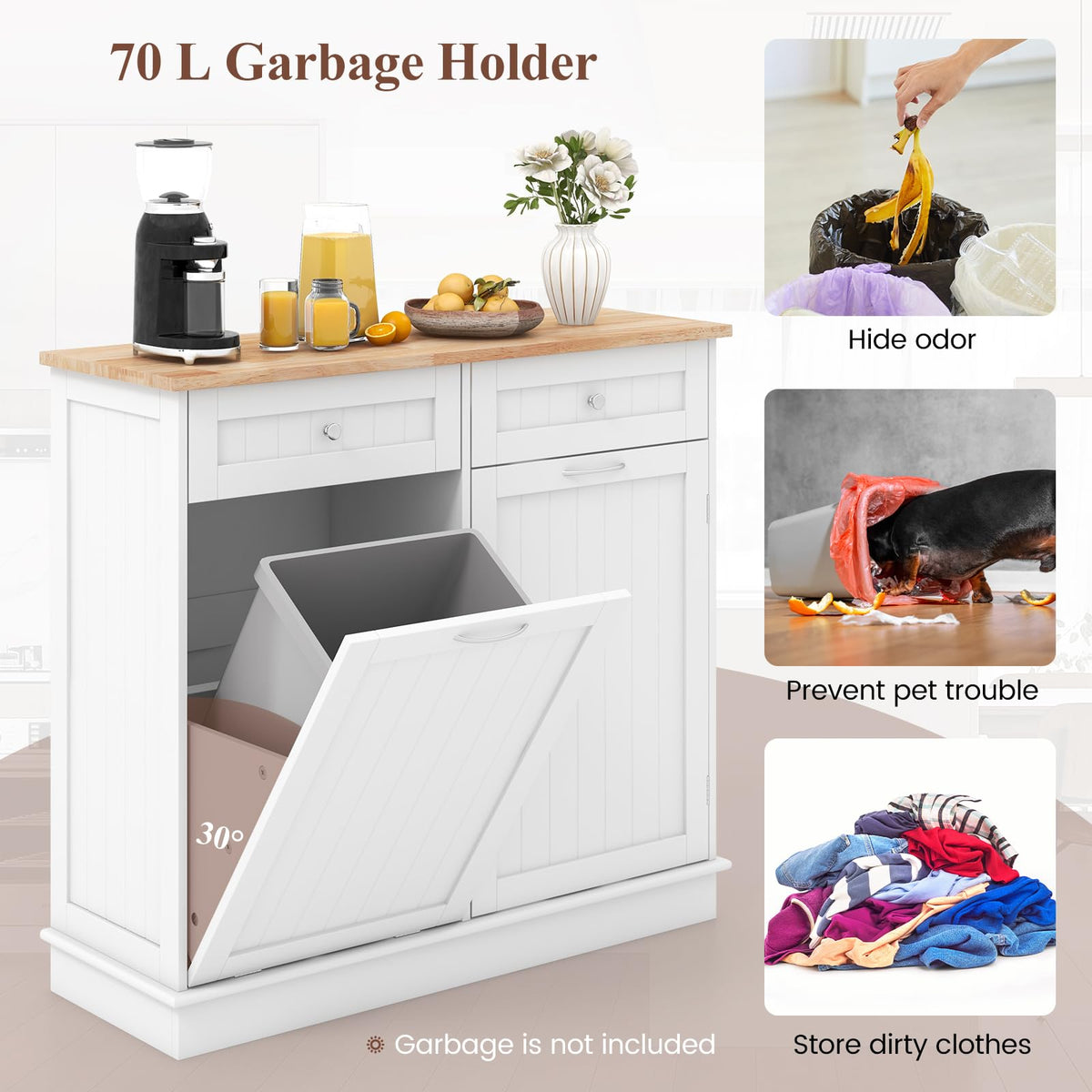 White Wooden Tilt Out Trash Bin Cabinet with Drawers G977