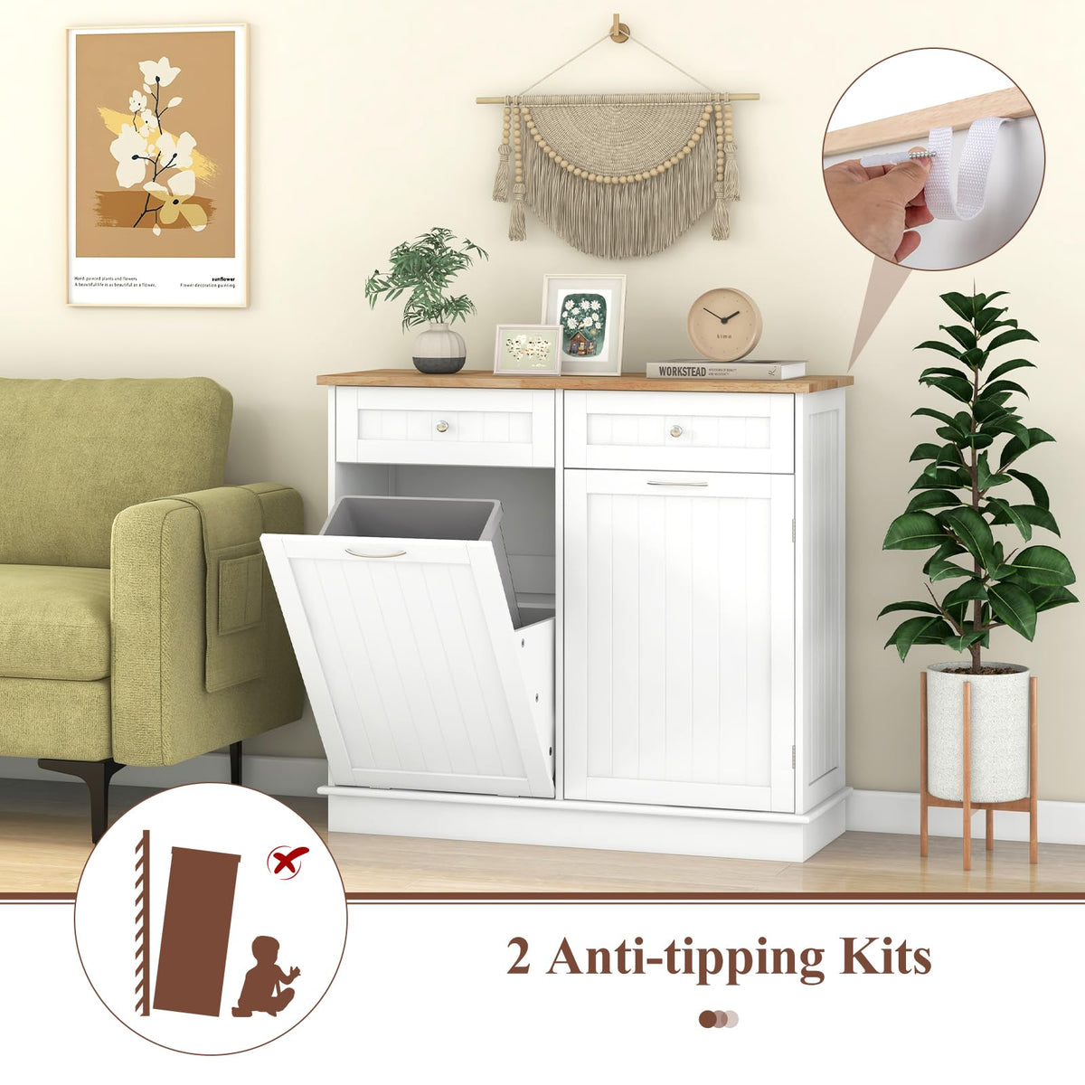 White Wooden Tilt Out Trash Bin Cabinet with Drawers G977