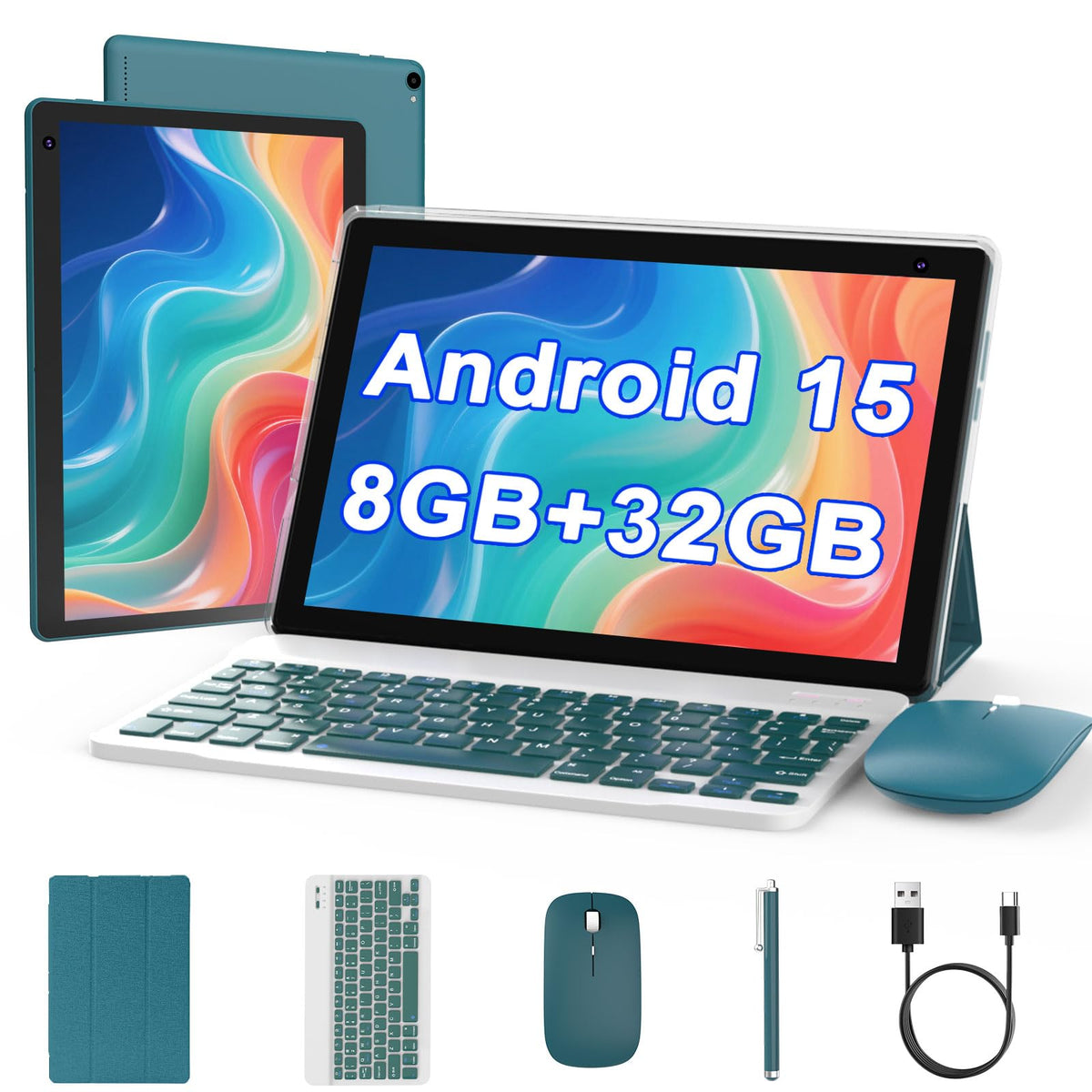 Android 15 Tablet 10 inch, 2 in 1 Tablet with Keyboard, 8GB RAM+32GB ROM, 1TB Expandable, Quad-Core, HD Screen, WiFi, Navy O8493