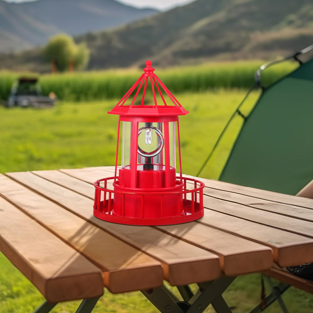Solar Lighthouse Rotating Beacon Light Red Iron T1364
