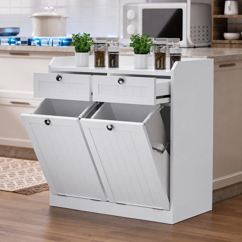 White 2 x 8 Gallon Double Tilt Out Trash Can Cabinet Y9848