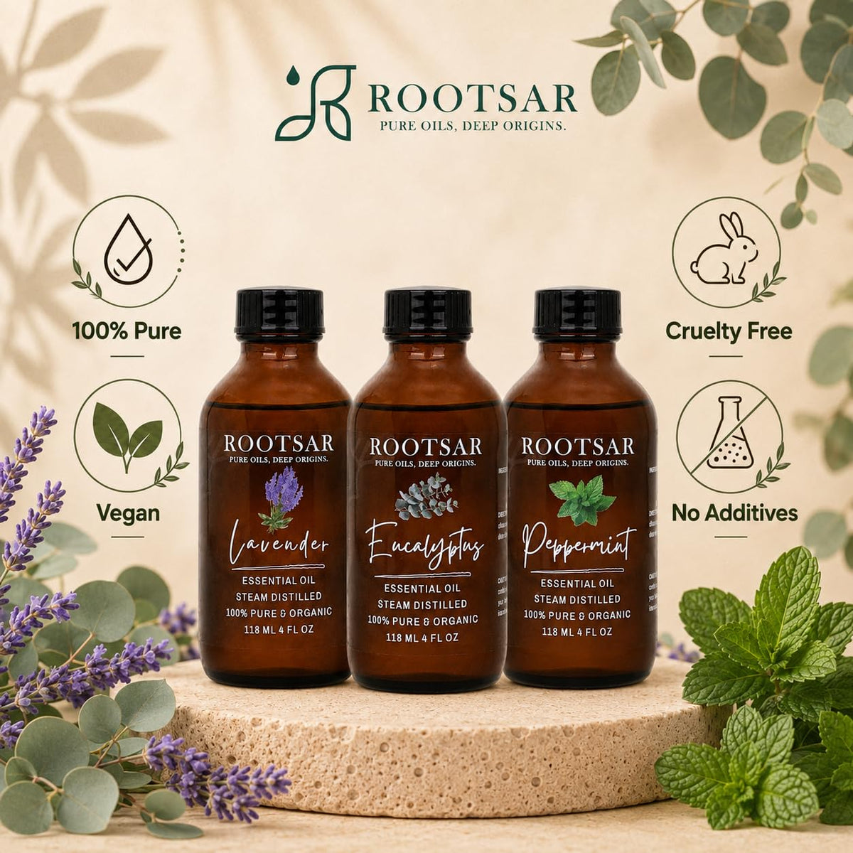 Pure Essential Oils Pack of 3 Lavender Peppermint Eucalyptus 4 Fl Oz Z517867