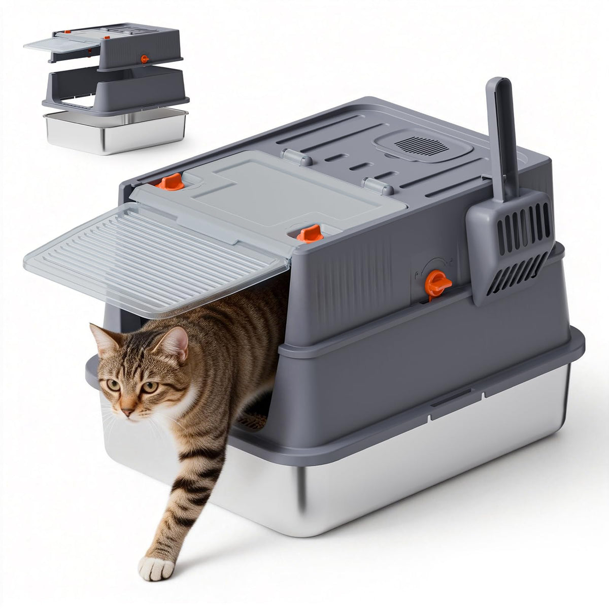 Stainless Steel Covered Cat Litter Box with High Sides C98887
