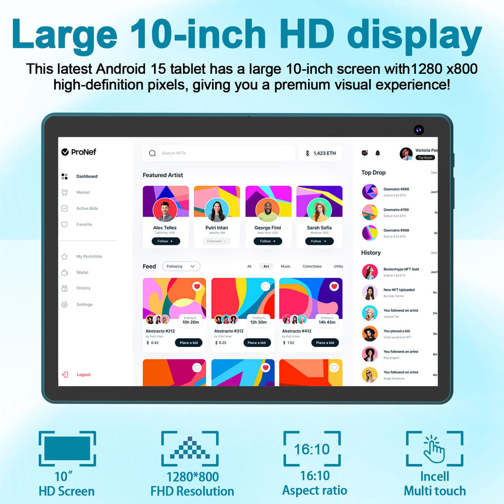 Android 15 Tablet 10 inch, 2 in 1 Tablet with Keyboard, 8GB RAM+32GB ROM, 1TB Expandable, Quad-Core, HD Screen, WiFi, Navy O8493