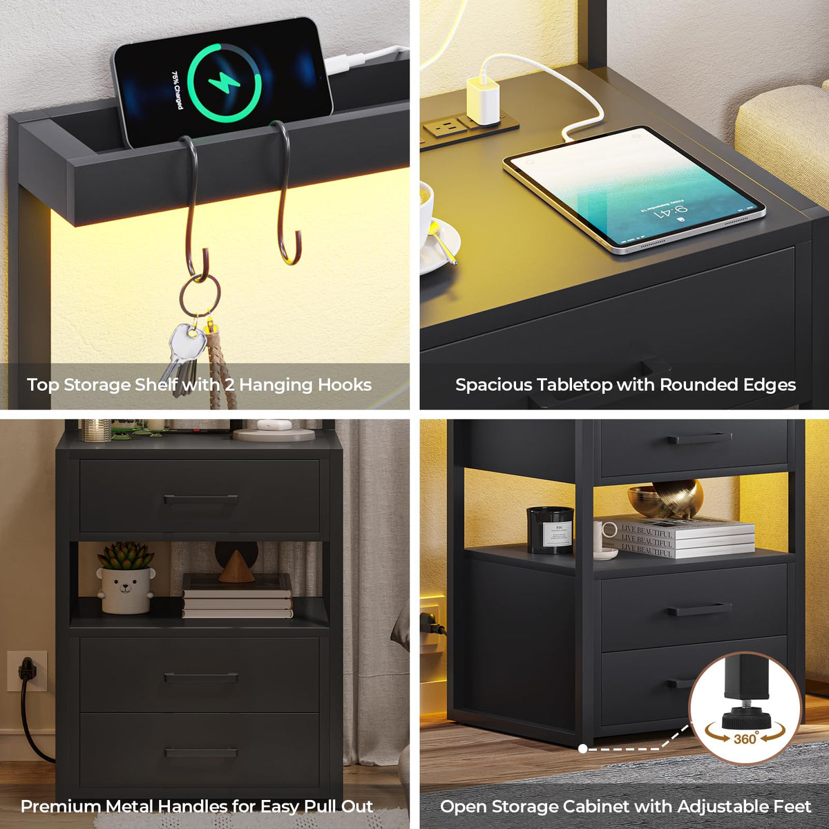 Black 3 Drawer Nightstand with Charging Station Q827253