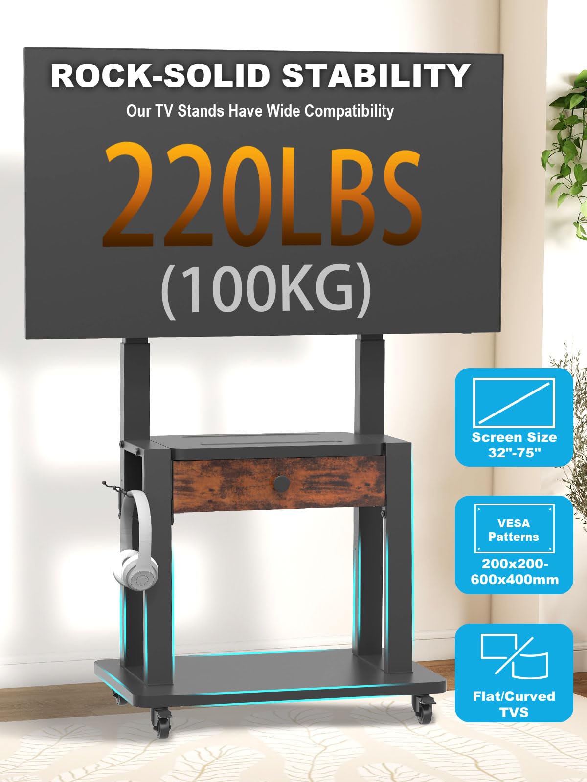 Rolling TV Stand with Fabric Drawer Storage for 32-75 Inch Flat/Curved Screen S313