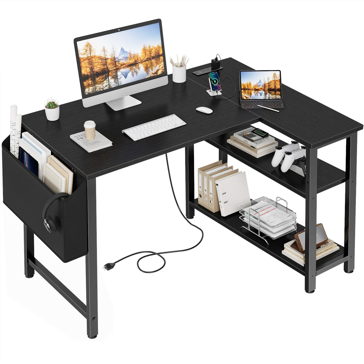 Black 40 Inch L Shaped Corner Computer Desk with Power Outlet V91896