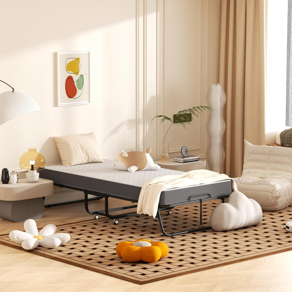 Foldable Single Bed with 5" Memory Foam Mattress and Wheels Q58392