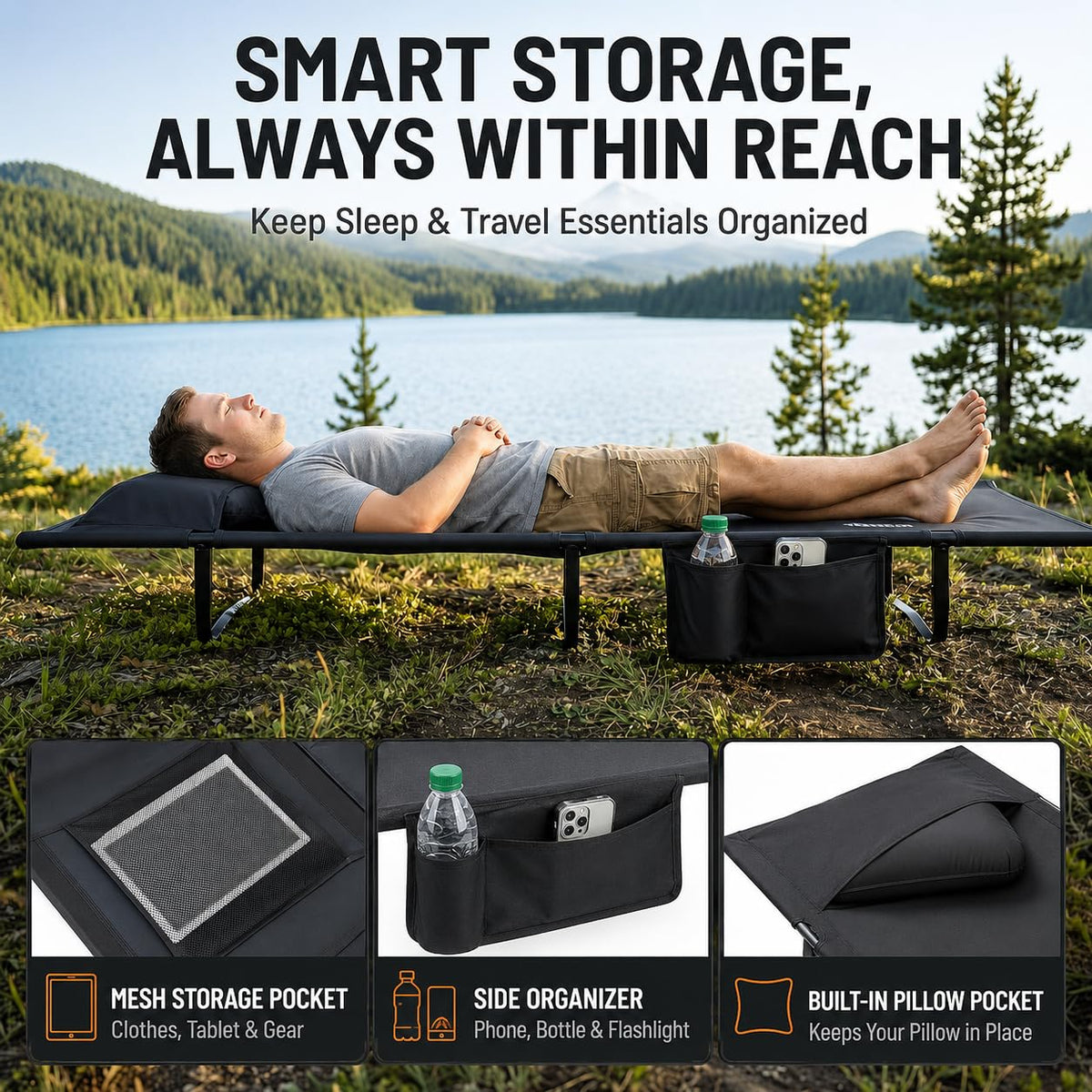 Portable Camping Cot with Pillow Pocket Q7950