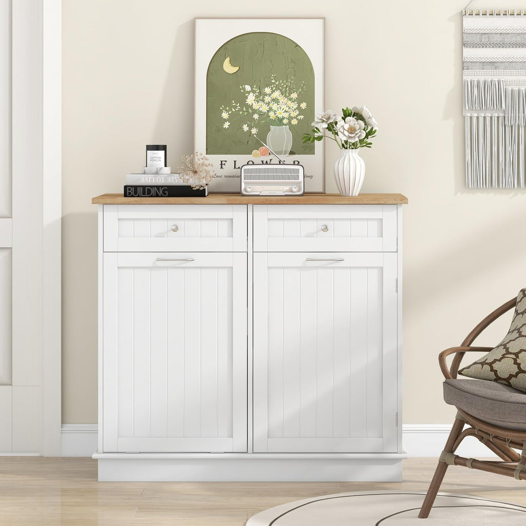 White Wooden Tilt Out Trash Bin Cabinet with Drawers G977
