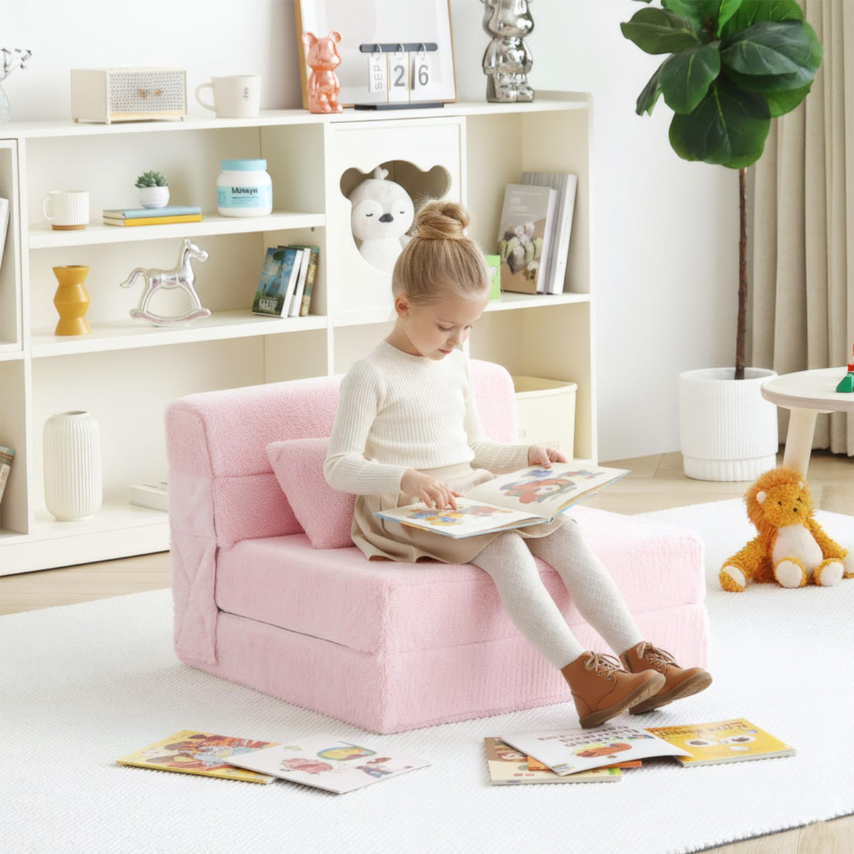 Pink Plush Convertible Folding Kids Sofa Bed with Pillow & Storage Bag S338586
