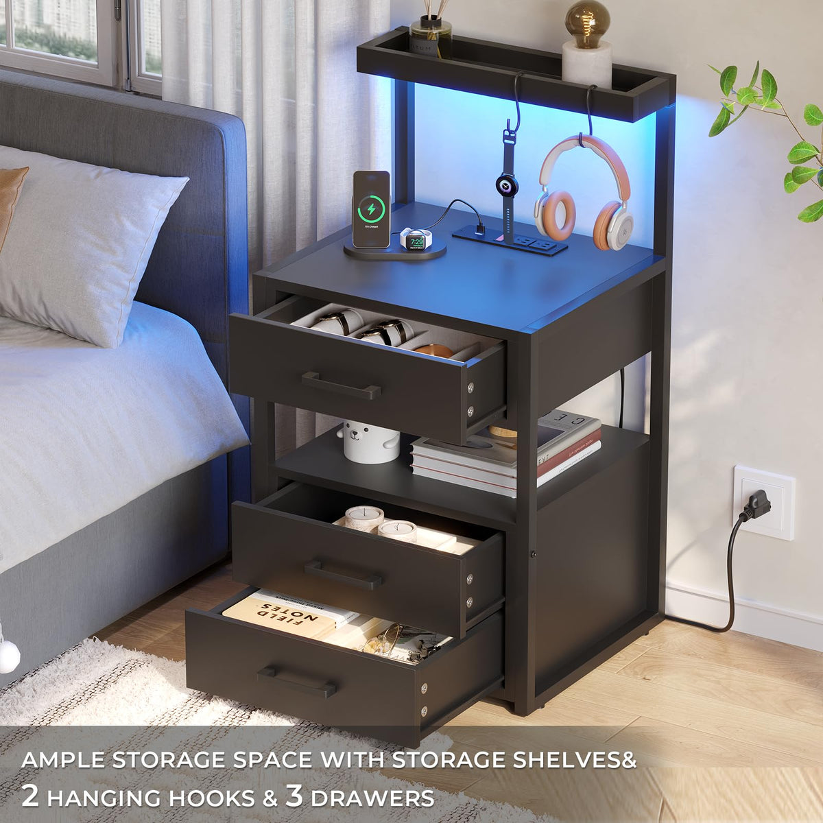 Black 3 Drawer Nightstand with Charging Station Q827253