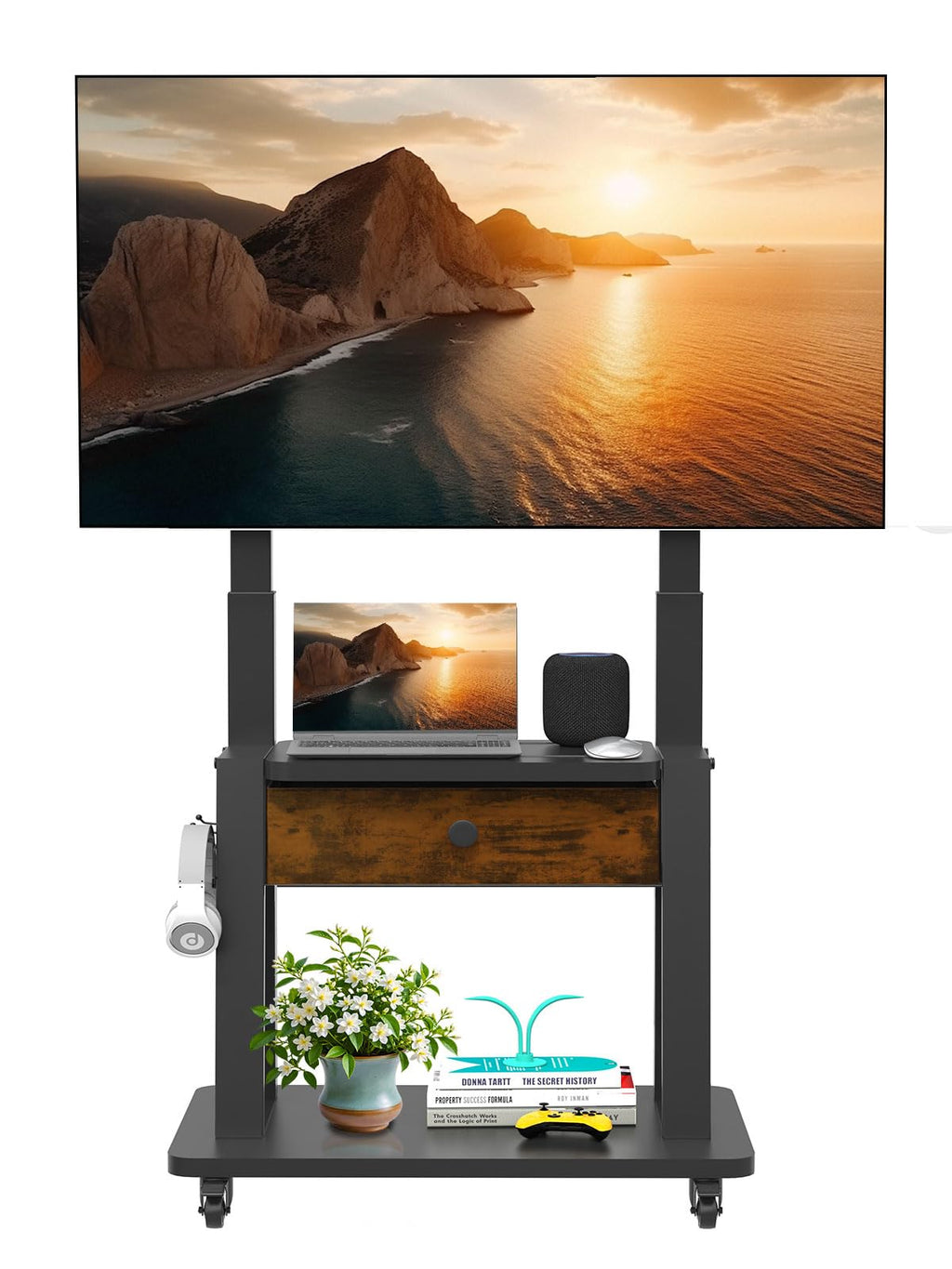 Rolling TV Stand with Fabric Drawer Storage for 32-75 Inch Flat/Curved Screen S313
