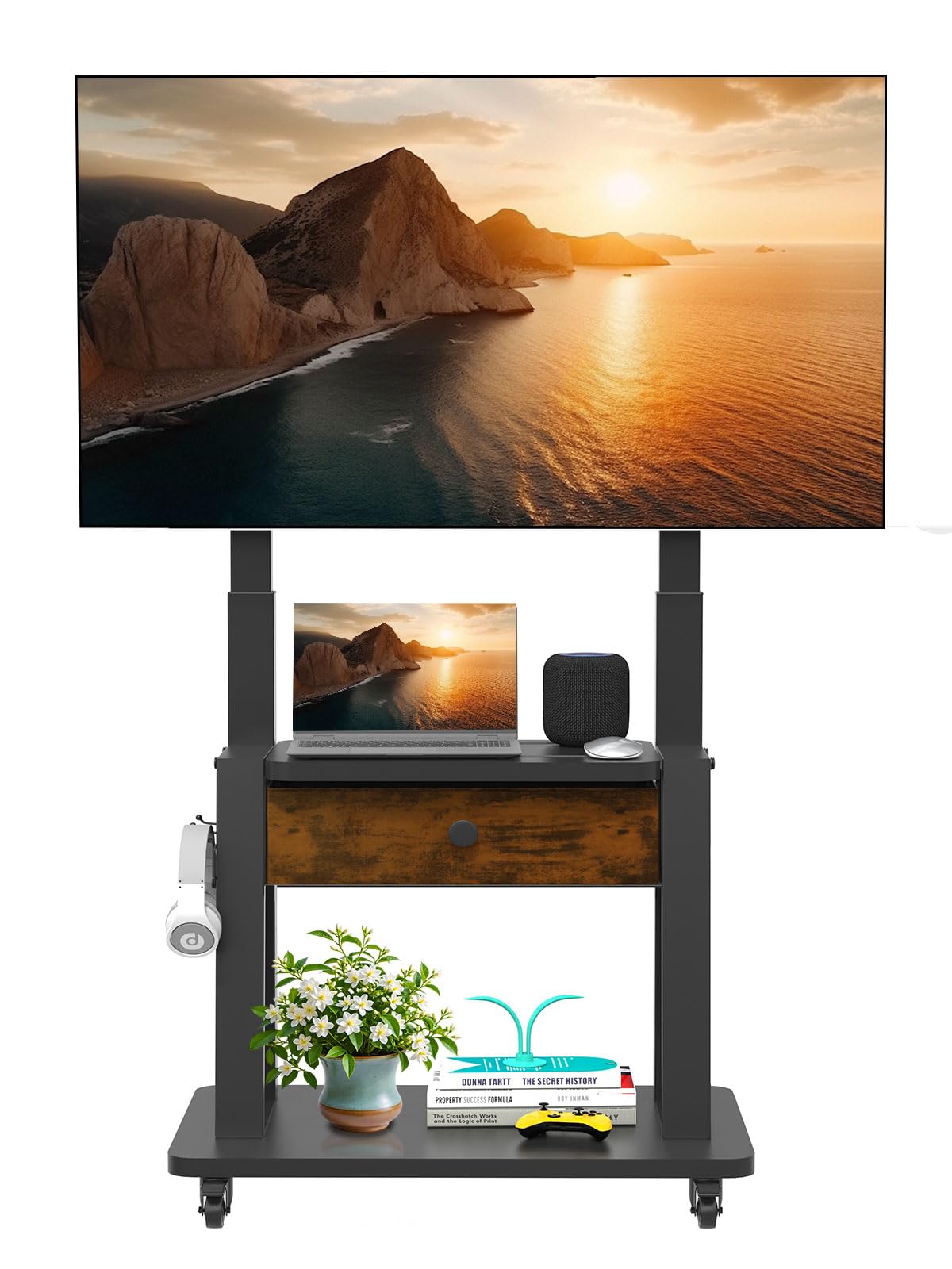 Rolling TV Stand with Fabric Drawer Storage for 32-75 Inch Flat/Curved Screen S313