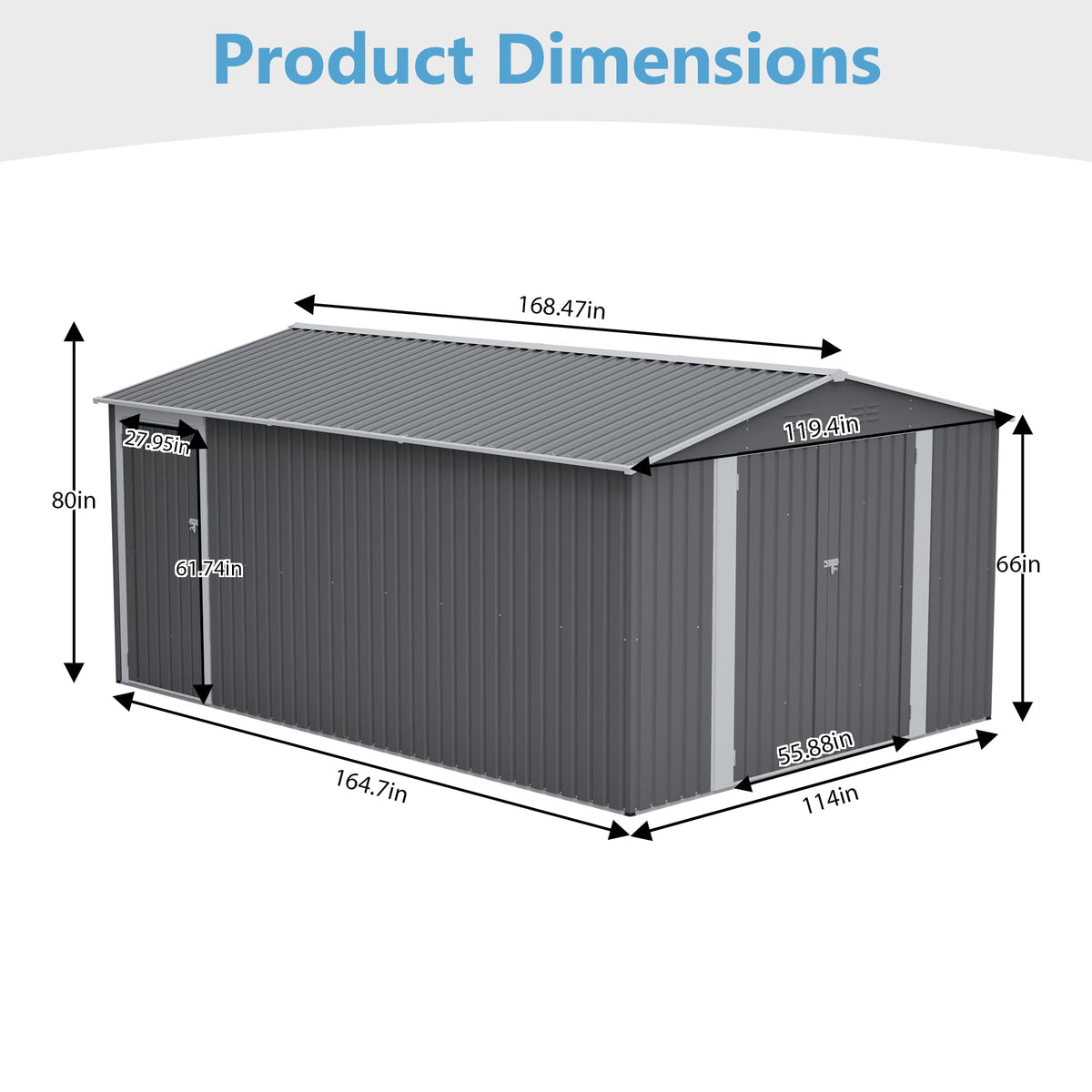 10x14 FT Waterproof Metal Storage Shed with 3 Lockable Doors O256305
