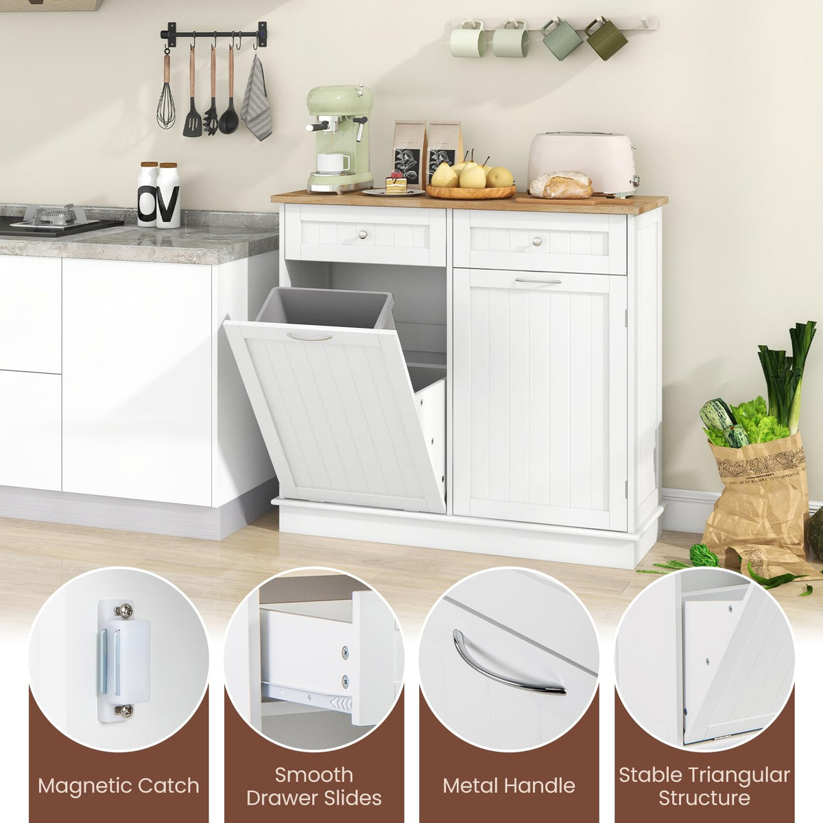 White Wooden Tilt Out Trash Bin Cabinet with Drawers G977