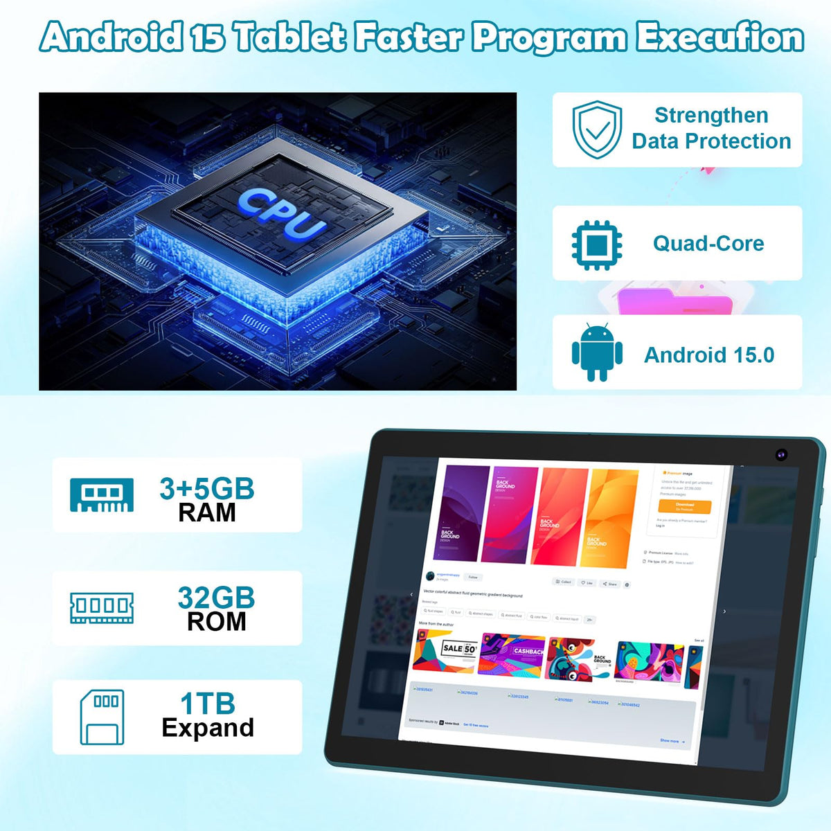 Android 15 Tablet 10 inch, 2 in 1 Tablet with Keyboard, 8GB RAM+32GB ROM, 1TB Expandable, Quad-Core, HD Screen, WiFi, Navy O8493