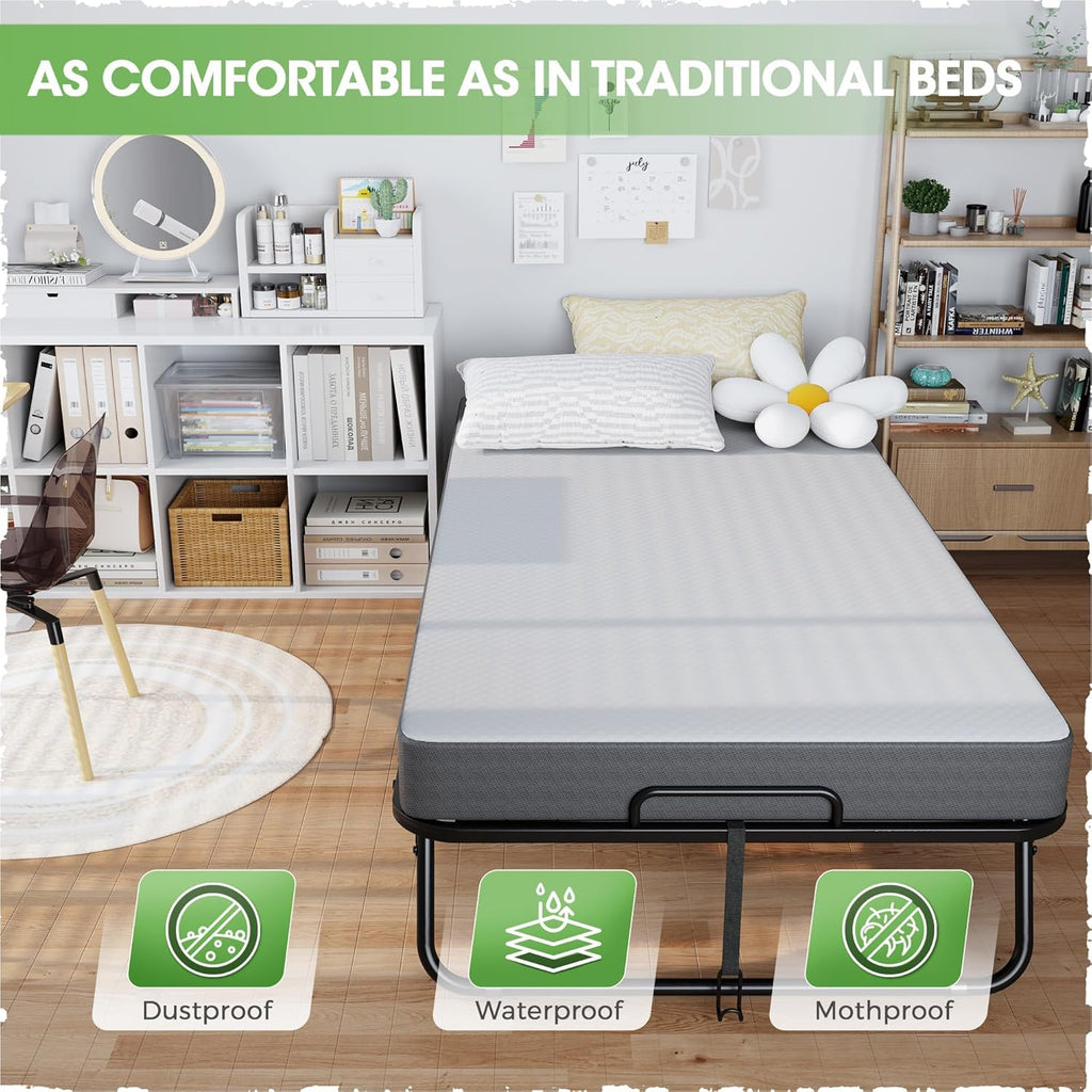 Foldable Single Bed with 5" Memory Foam Mattress and Wheels Q58392