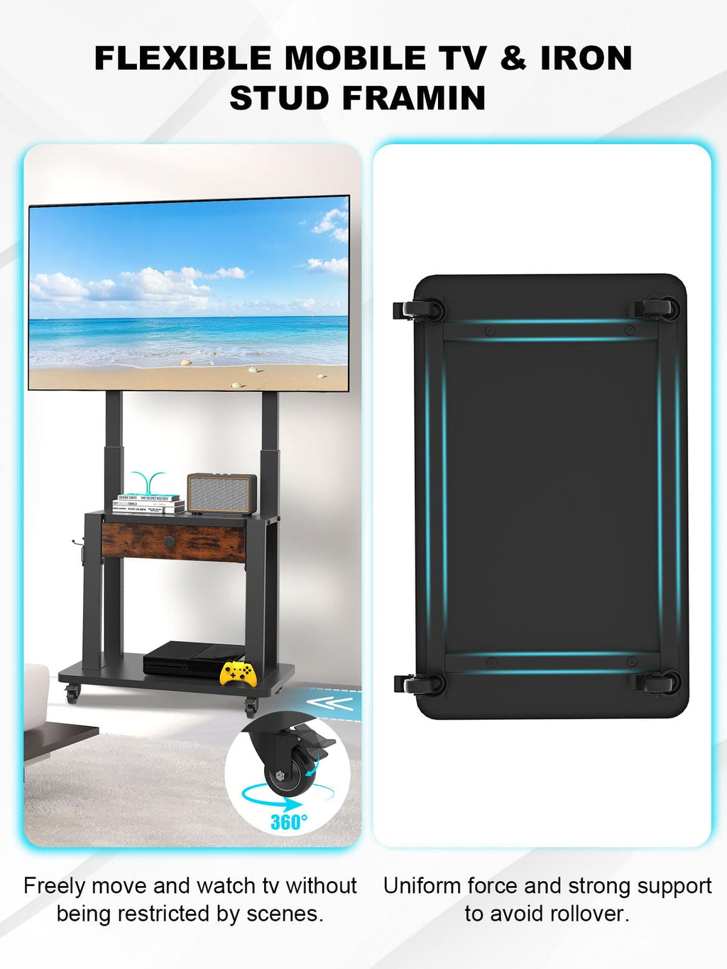 Rolling TV Stand with Fabric Drawer Storage for 32-75 Inch Flat/Curved Screen S313