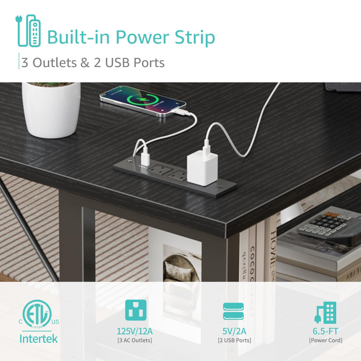Black 40 Inch L Shaped Corner Computer Desk with Power Outlet V91896
