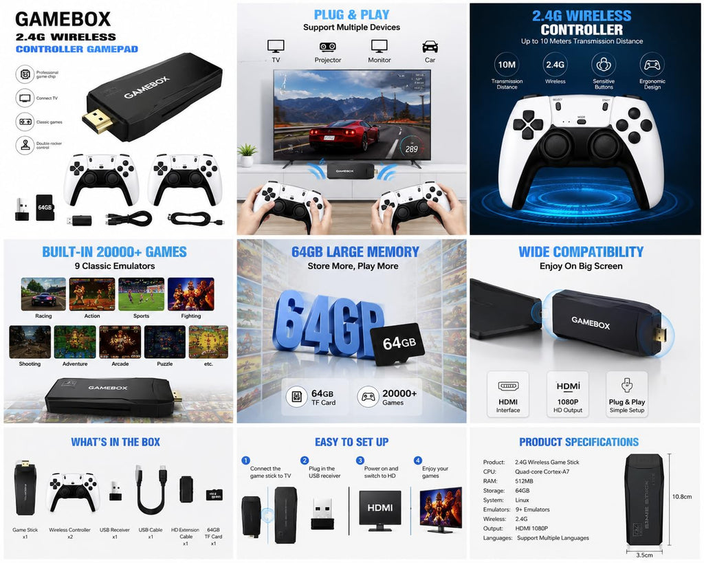 Wireless Retro Game Console 4K HDMI Stick with 2 Wireless Controllers M4128