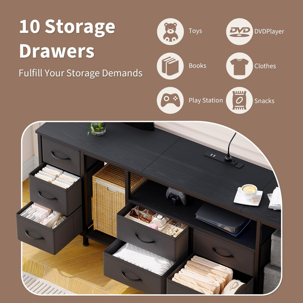 Black 10 Drawer Dresser TV Stand with Power Outlets L43960