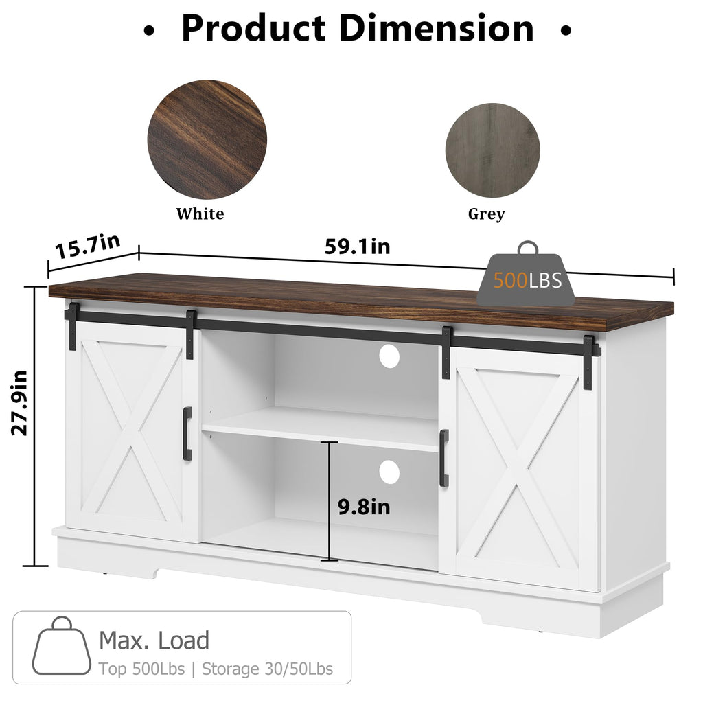 White Farmhouse TV Stand with Sliding Barn Doors and Adjustable Shelf W4573