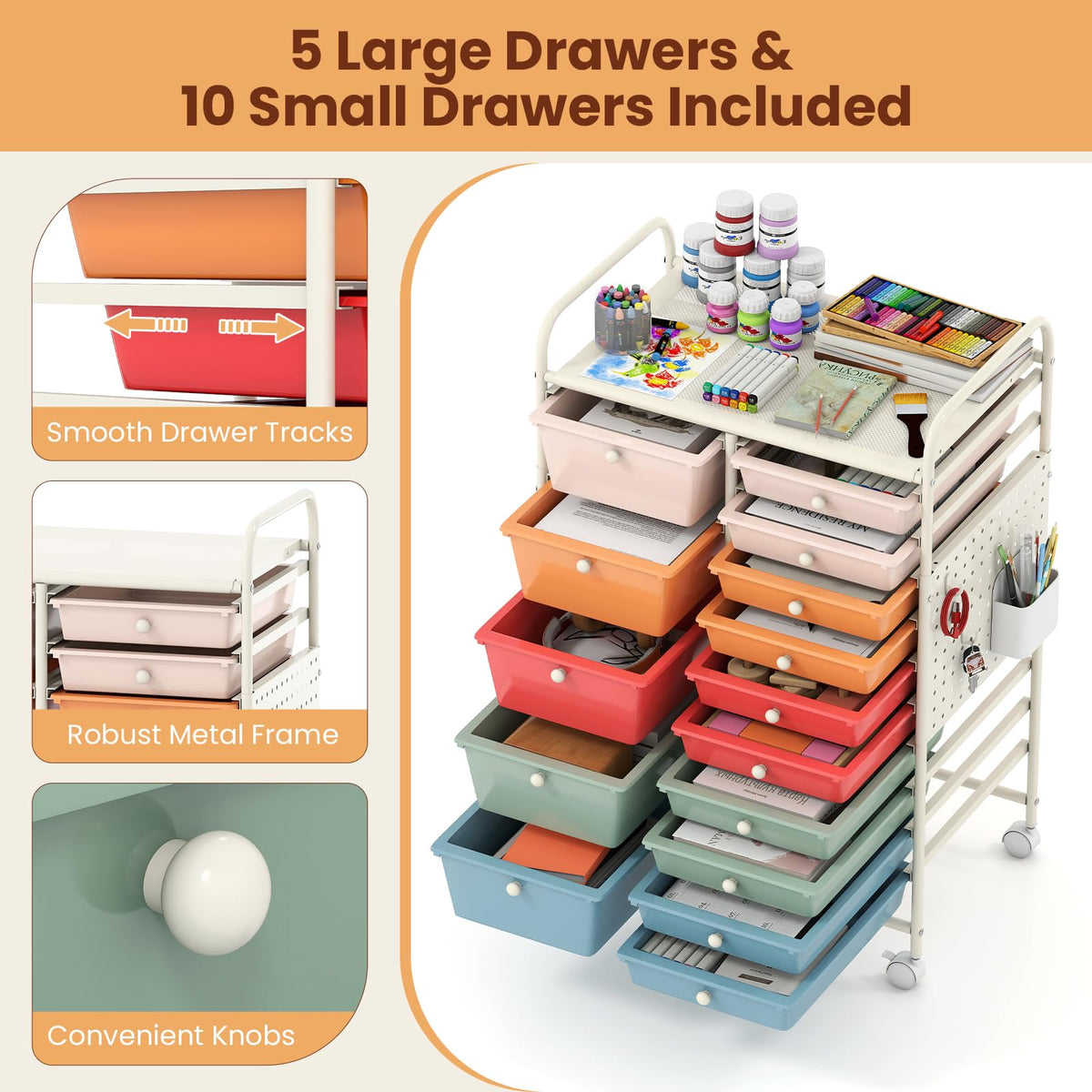 15 Drawer Rolling Storage Cart with Metal Tabletop P3510