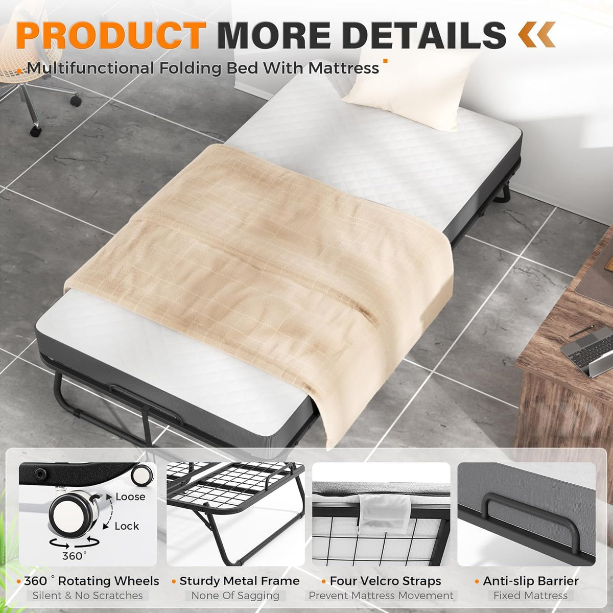 Foldable Single Bed with 5" Memory Foam Mattress and Wheels Q58392