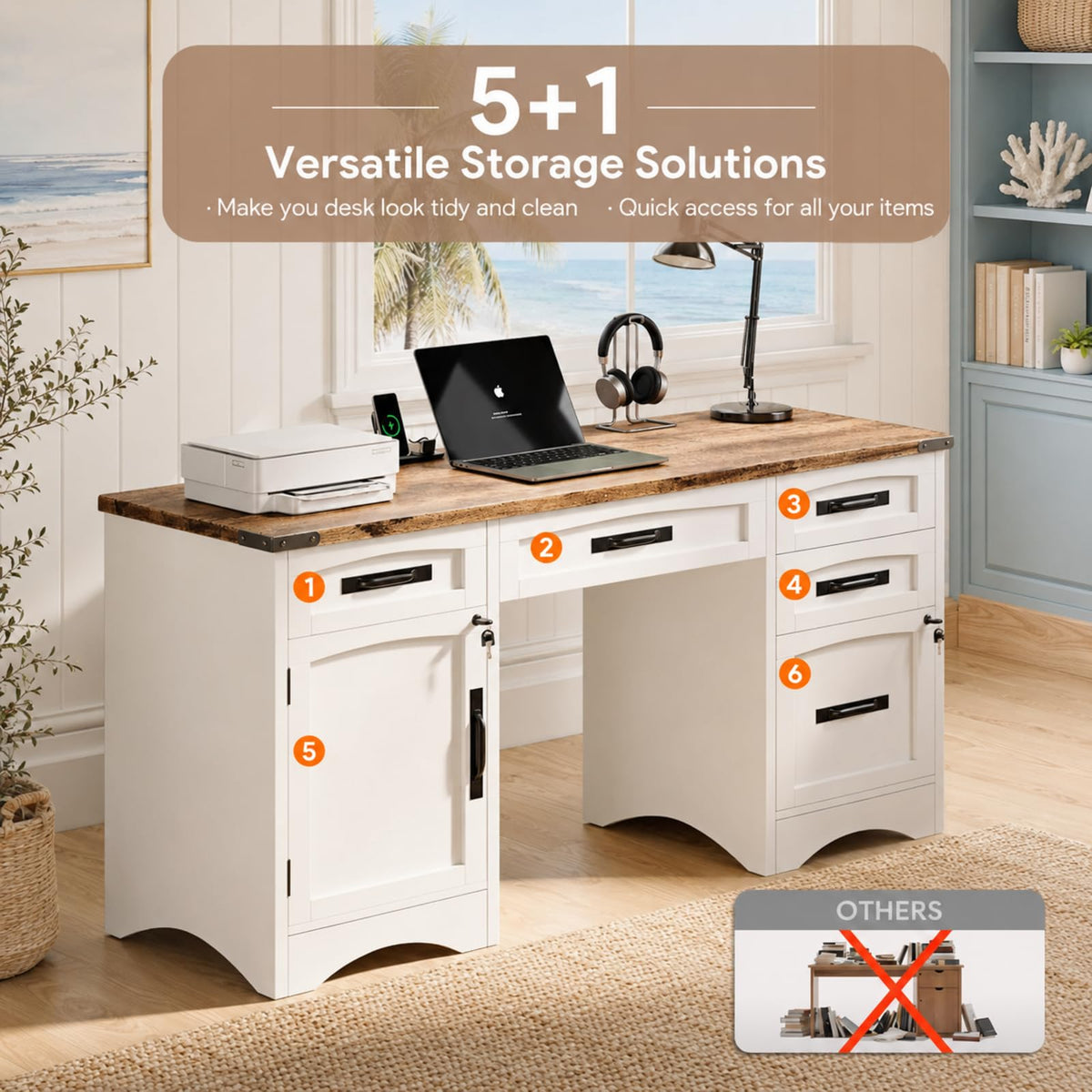 47 Inch Computer Desk with Hutch and 4 Drawers A2148