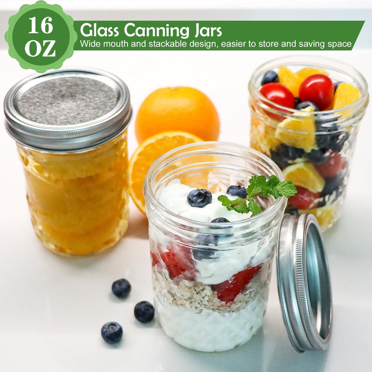 16oz Wide Mouth Mason Jars with Lids 6 Pack X892