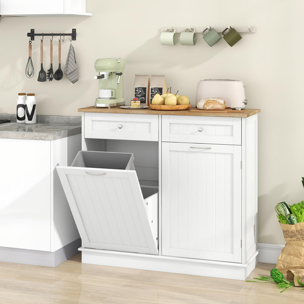 White Wooden Tilt Out Trash Bin Cabinet with Drawers G977