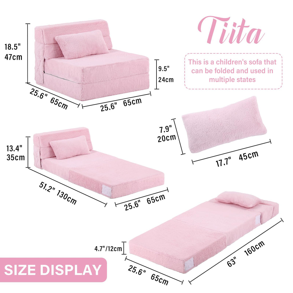 Pink Plush Convertible Folding Kids Sofa Bed with Pillow & Storage Bag S338586