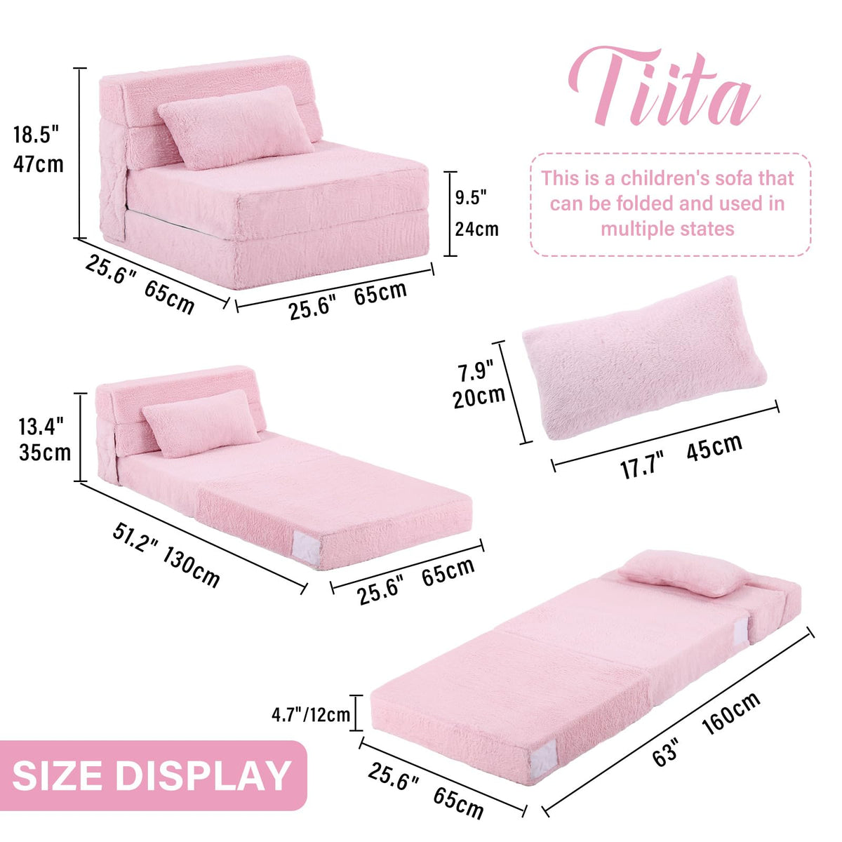 Pink Plush Convertible Folding Kids Sofa Bed with Pillow & Storage Bag S338586