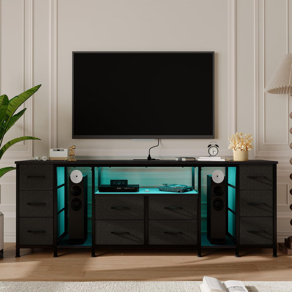 Black 10 Drawer Dresser TV Stand with Power Outlets L43960