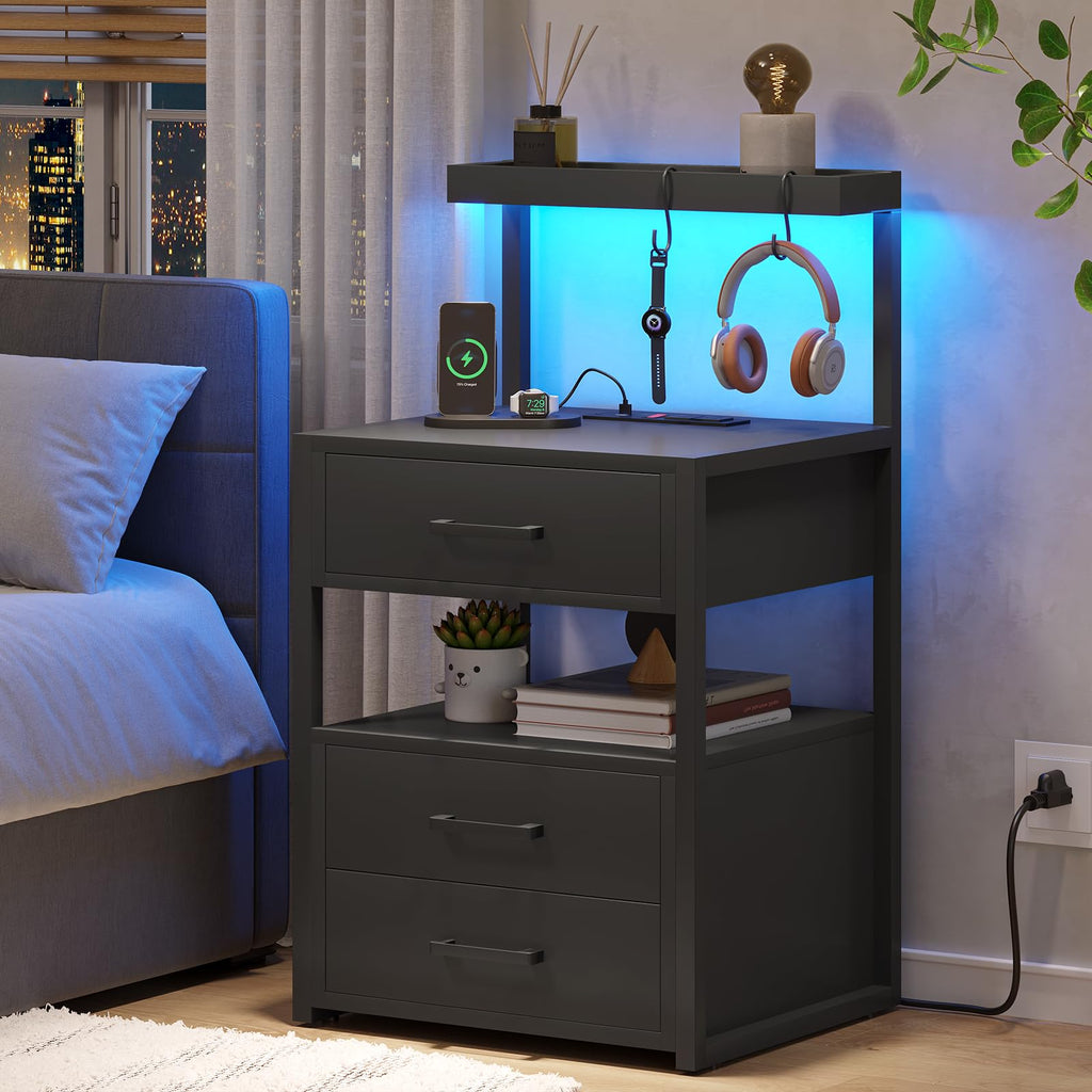 Black 3 Drawer Nightstand with Charging Station Q827253