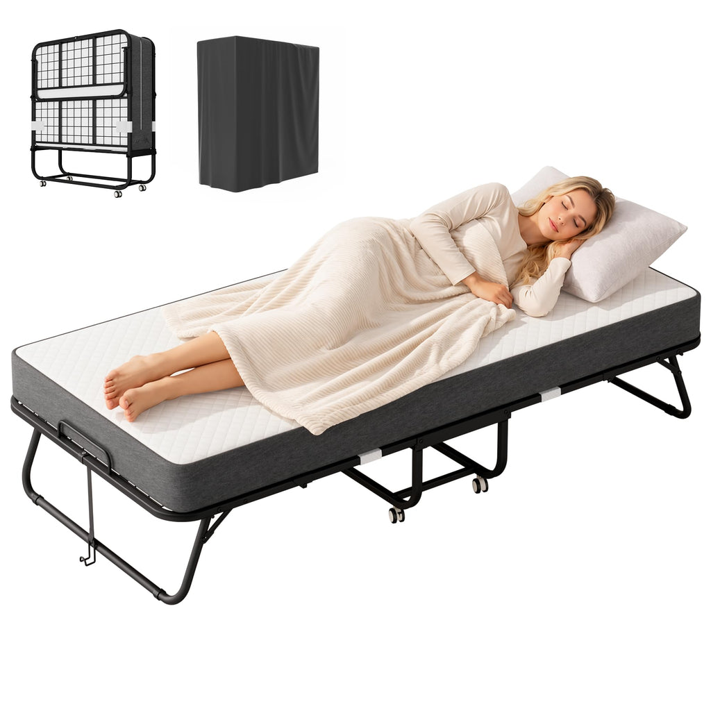 Foldable Single Bed with 5" Memory Foam Mattress and Wheels Q58392